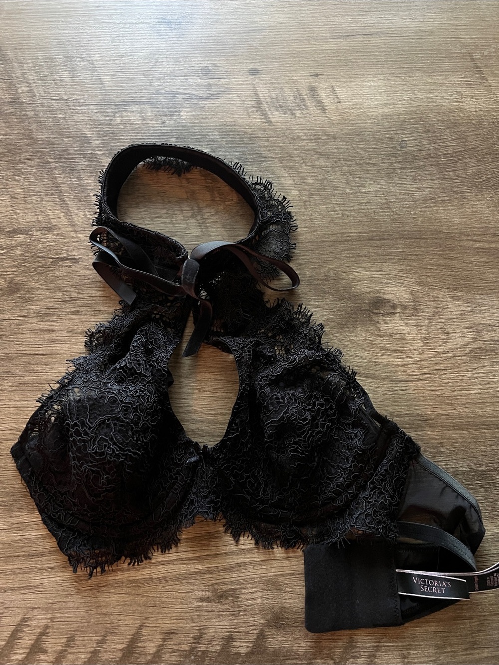 NWOT Victoria's Secret Black Lace Halter Bra with Fringe Trim